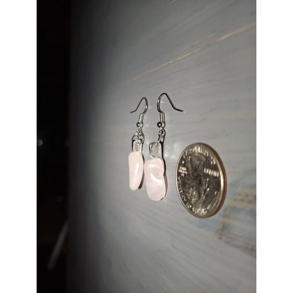 Rose Quartz Tumbled Stone Drop Earrings Pink Crystal Nickel Free Handcrafted - Picture 4 of 5
